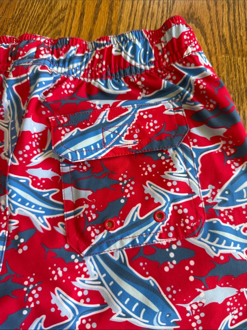 Vineyard Vines Kids Red Marlin Swim Trunks with Blue Accents